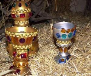 yapboz Üç Kings Teklifleri, altın, buhur ve Bebek İsa&#039;ya mür